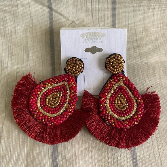 ICON Burgundy Seed Bead With Fringe Post Back Earrings - Picture 3 of 3